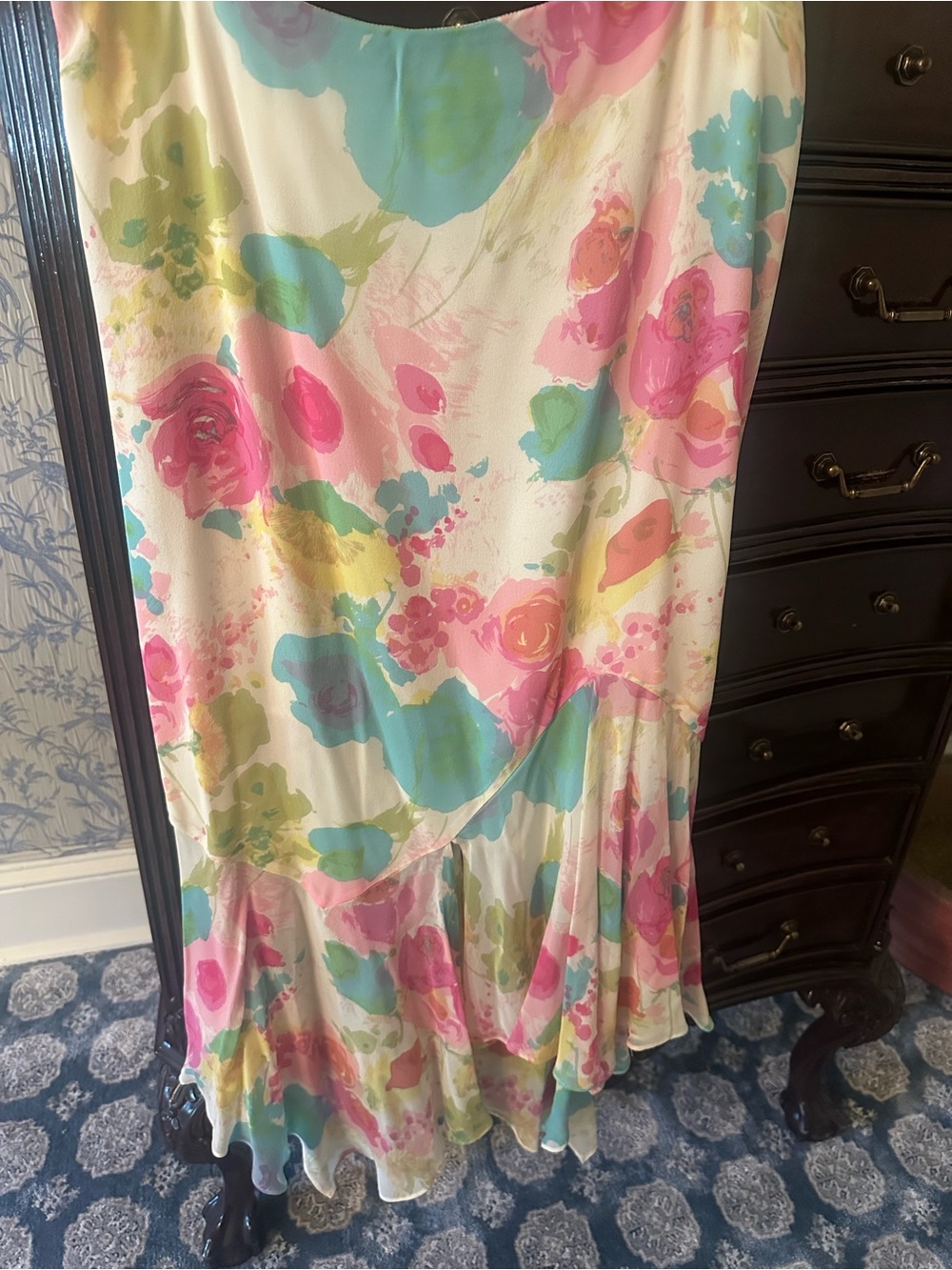 Dana Buchman silk lined skirt asymmetrical size 12 pink green watercolor $335 - Picture 9 of 16